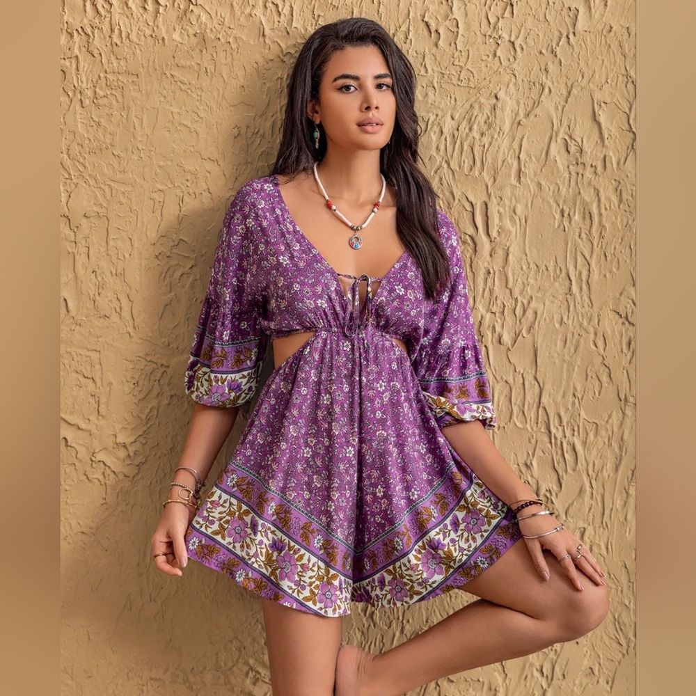 Purple Floral Cutout Romper